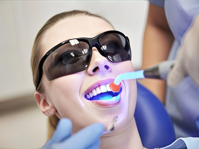 Image of a woman in a dental chair with protection goggles on having composite bonding treatment