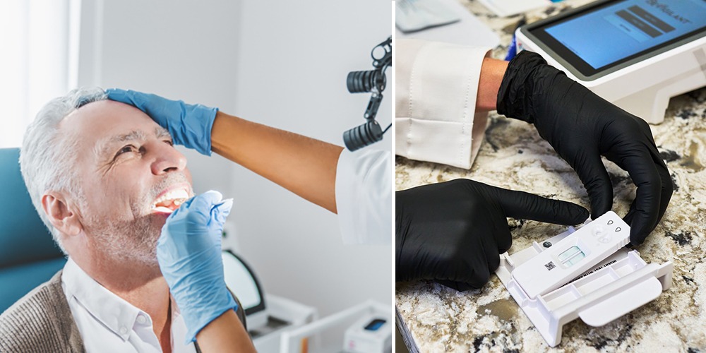 A photo of a man undergoing the OraFusion oral cancer screening, via a simple swab of saliva